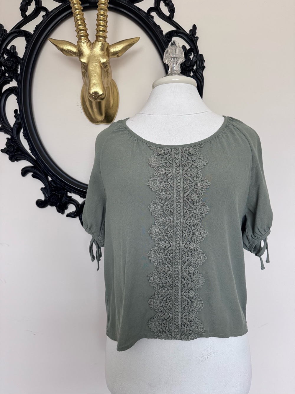 Black Swan Sage Green Lace-Trim Peasant Top